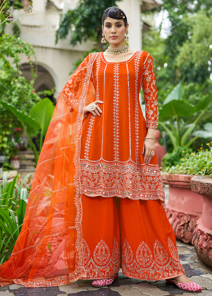Buy Now Orange Chinnon Mirror Embroidered Palazzo Style Suit Online in New York, Toronto, Newark, Katy, Houston, Fremont, Dubai, Nevada & Worldwide at Empress.