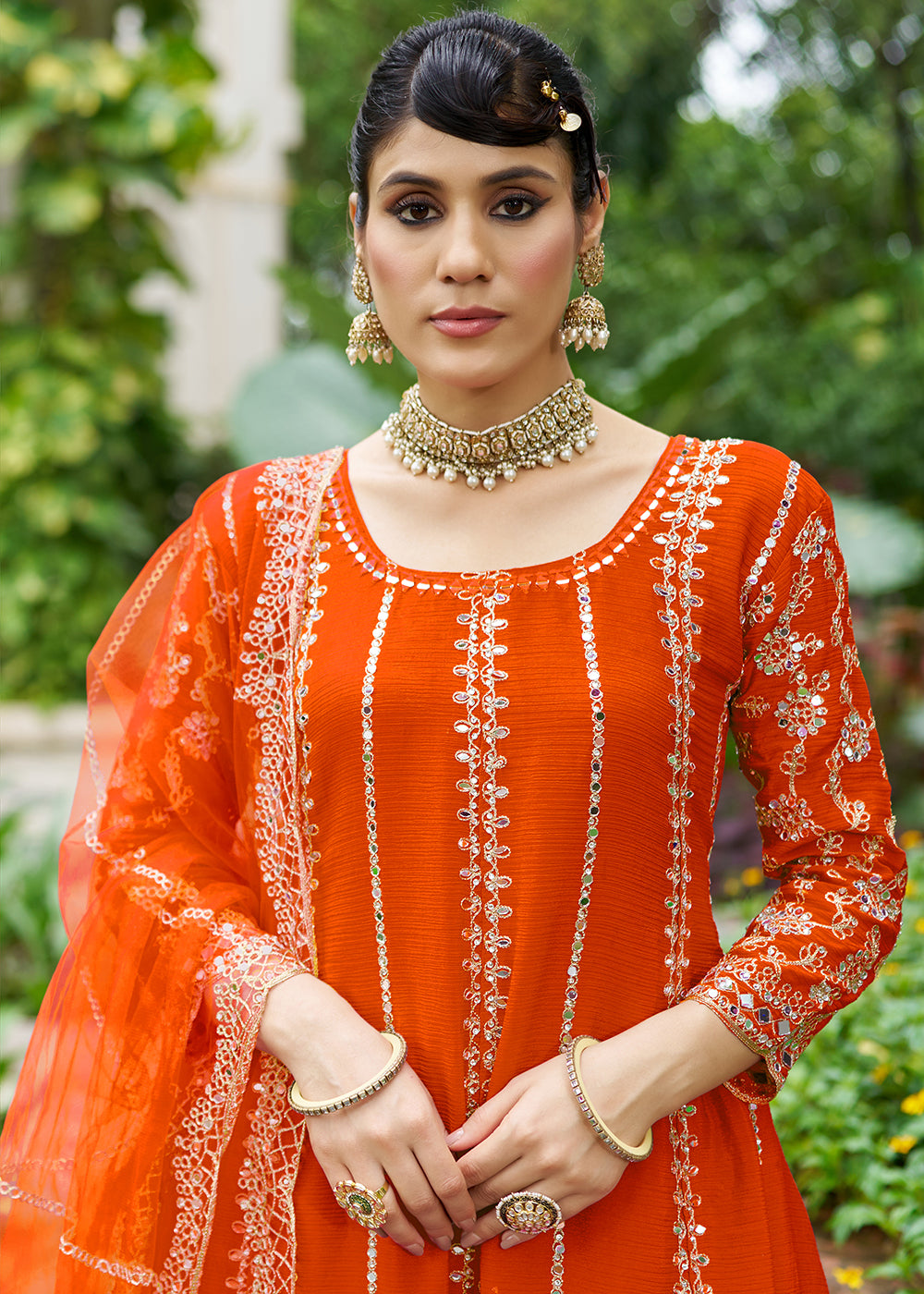 Buy Now Orange Chinnon Mirror Embroidered Palazzo Style Suit Online in New York, Toronto, Newark, Katy, Houston, Fremont, Dubai, Nevada & Worldwide at Empress.