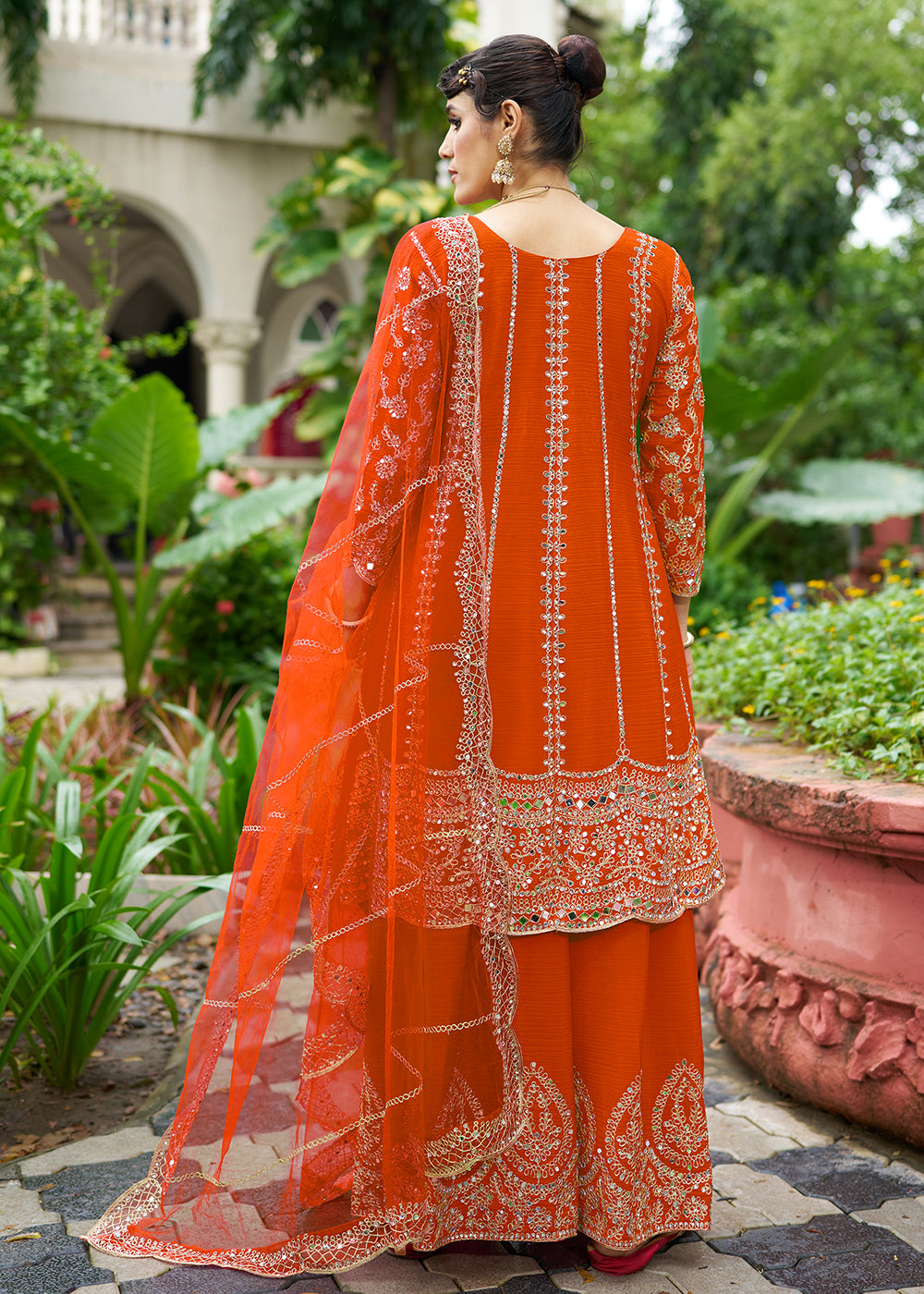 Buy Now Orange Chinnon Mirror Embroidered Palazzo Style Suit Online in New York, Toronto, Newark, Katy, Houston, Fremont, Dubai, Nevada & Worldwide at Empress.