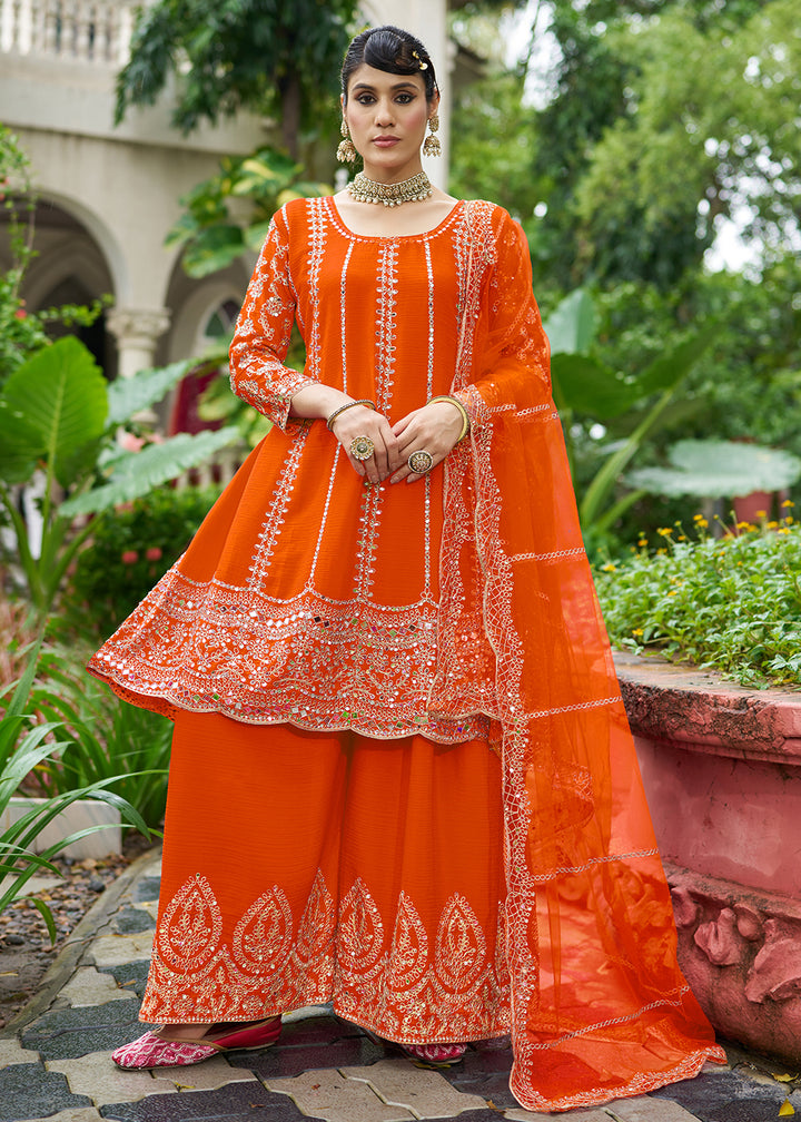 Buy Now Orange Chinnon Mirror Embroidered Palazzo Style Suit Online in New York, Toronto, Newark, Katy, Houston, Fremont, Dubai, Nevada & Worldwide at Empress.