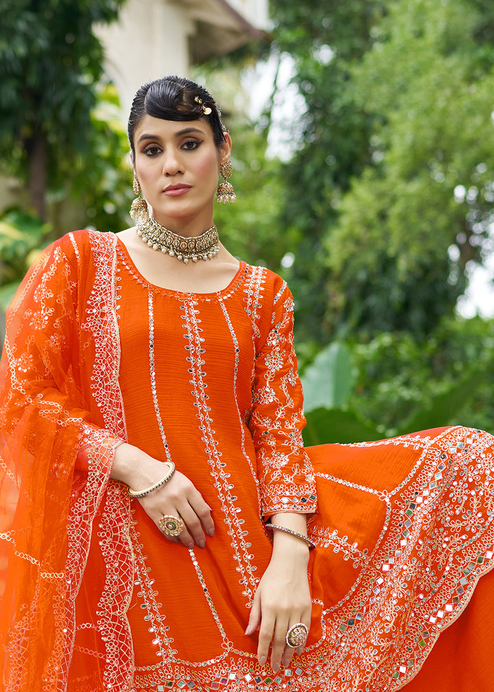 Buy Now Orange Chinnon Mirror Embroidered Palazzo Style Suit Online in New York, Toronto, Newark, Katy, Houston, Fremont, Dubai, Nevada & Worldwide at Empress.