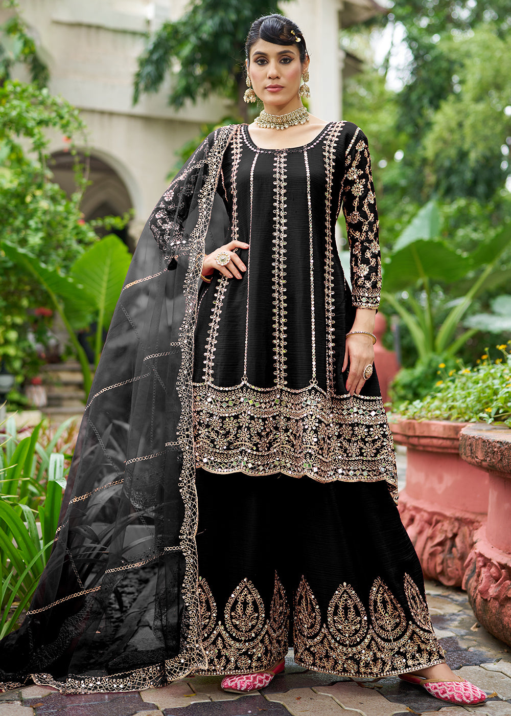 Buy Now Black Chinnon Mirror Embroidered Palazzo Style Suit Online in New York, Toronto, Newark, Katy, Houston, Fremont, Dubai, Nevada & Worldwide at Empress.