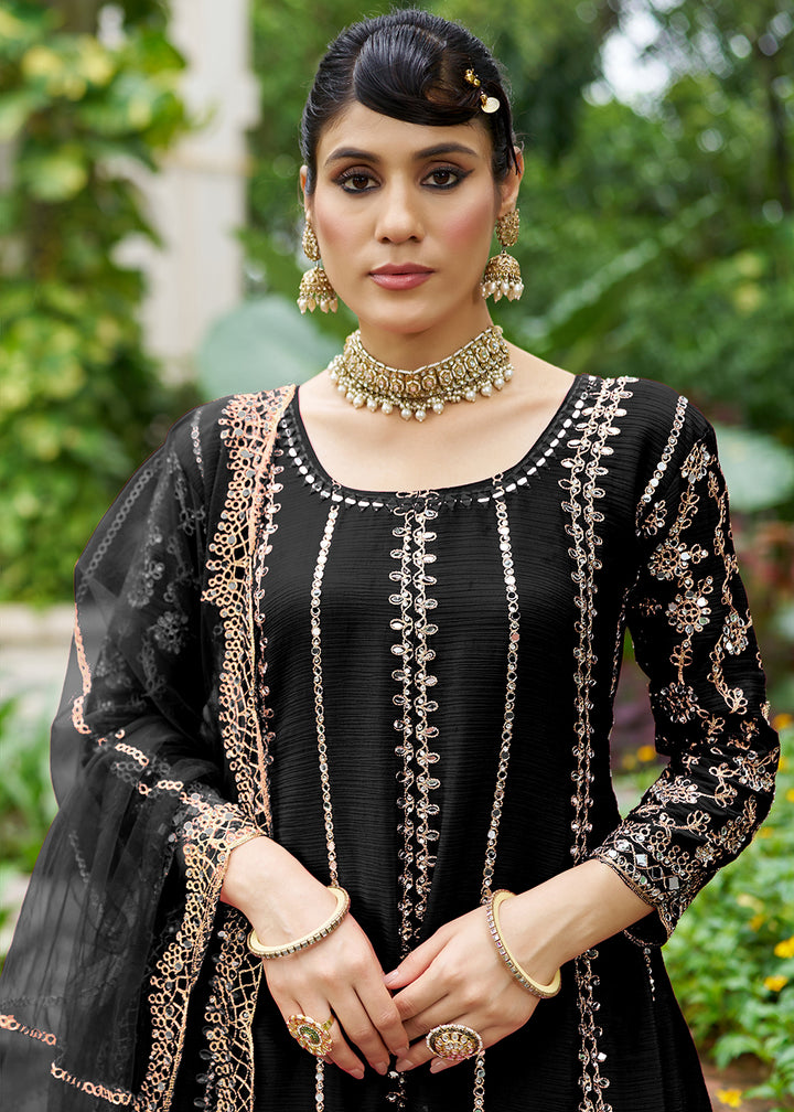 Buy Now Black Chinnon Mirror Embroidered Palazzo Style Suit Online in New York, Toronto, Newark, Katy, Houston, Fremont, Dubai, Nevada & Worldwide at Empress.