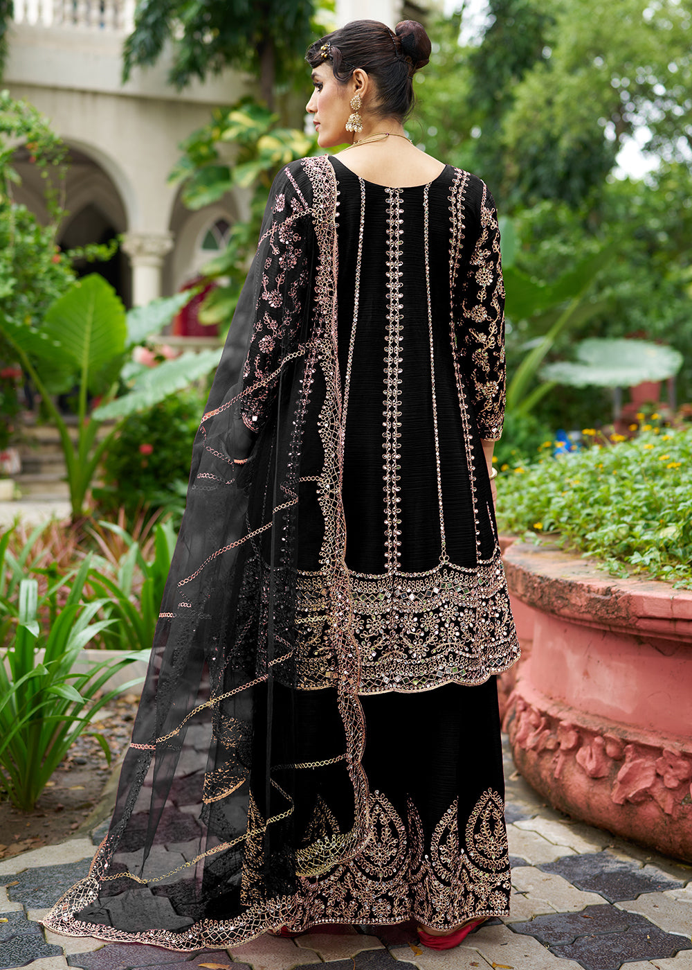 Buy Now Black Chinnon Mirror Embroidered Palazzo Style Suit Online in New York, Toronto, Newark, Katy, Houston, Fremont, Dubai, Nevada & Worldwide at Empress.