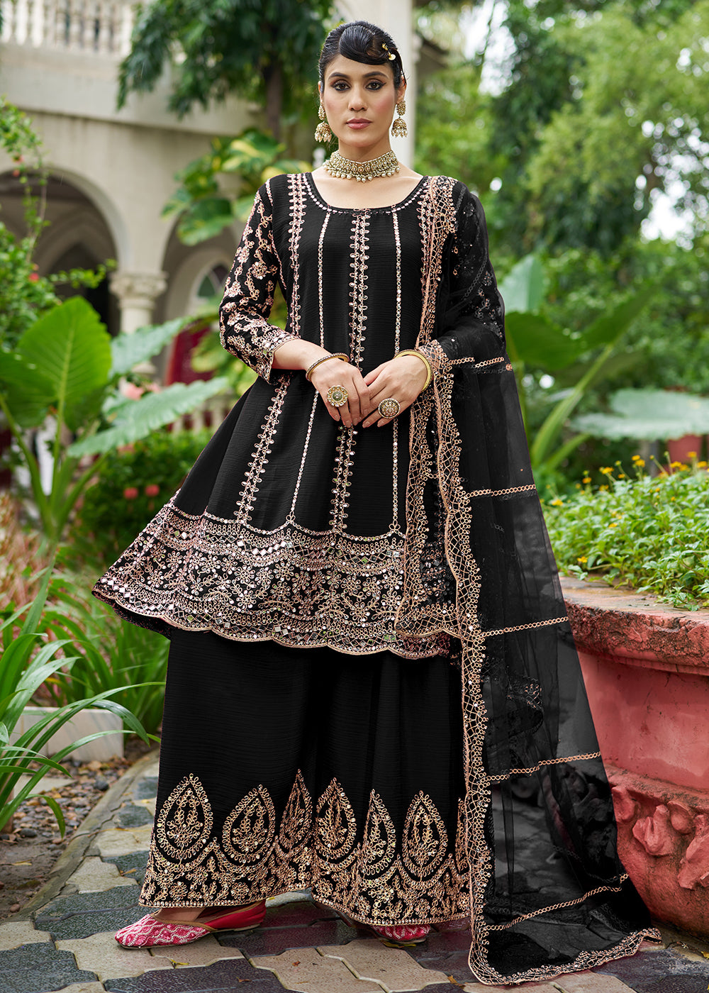Buy Now Black Chinnon Mirror Embroidered Palazzo Style Suit Online in New York, Toronto, Newark, Katy, Houston, Fremont, Dubai, Nevada & Worldwide at Empress.