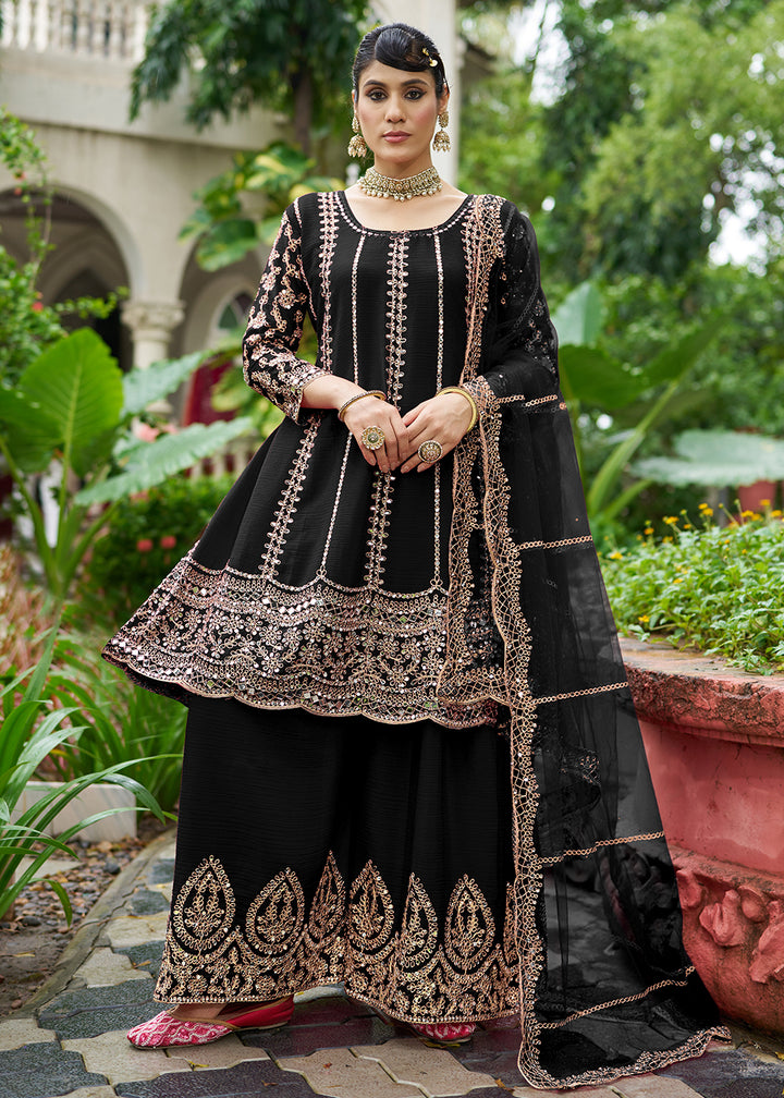 Buy Now Black Chinnon Mirror Embroidered Palazzo Style Suit Online in New York, Toronto, Newark, Katy, Houston, Fremont, Dubai, Nevada & Worldwide at Empress.