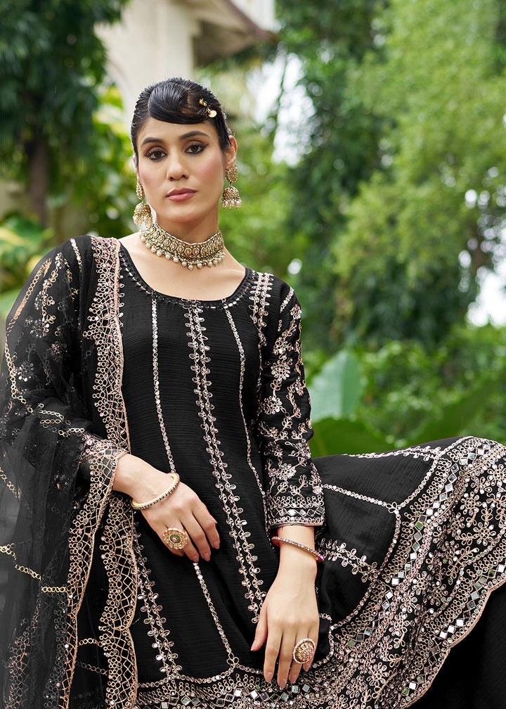 Buy Now Black Chinnon Mirror Embroidered Palazzo Style Suit Online in New York, Toronto, Newark, Katy, Houston, Fremont, Dubai, Nevada & Worldwide at Empress.