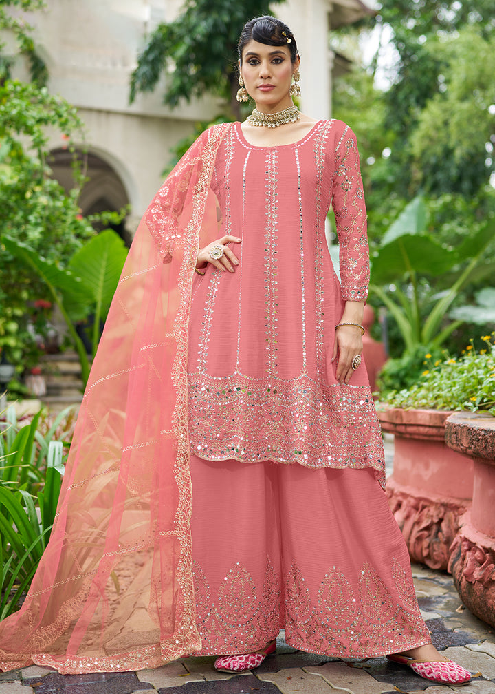 Buy Now Pink Chinnon Mirror Embroidered Palazzo Style Suit Online in New York, Toronto, Newark, Katy, Houston, Fremont, Dubai, Nevada & Worldwide at Empress.