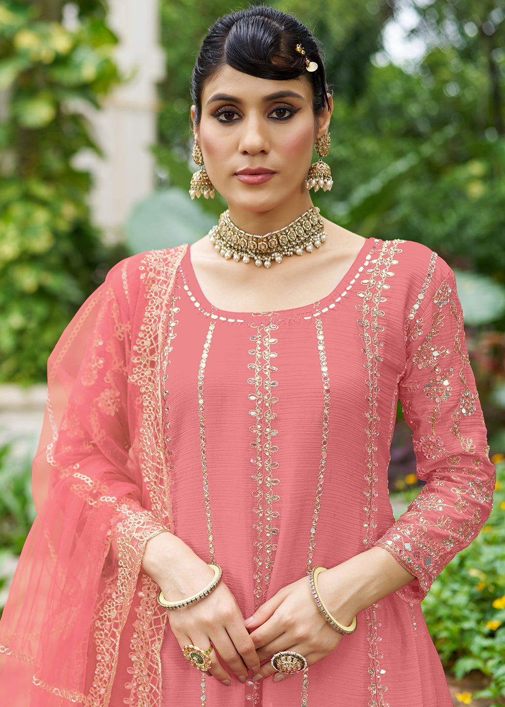 Buy Now Pink Chinnon Mirror Embroidered Palazzo Style Suit Online in New York, Toronto, Newark, Katy, Houston, Fremont, Dubai, Nevada & Worldwide at Empress.
