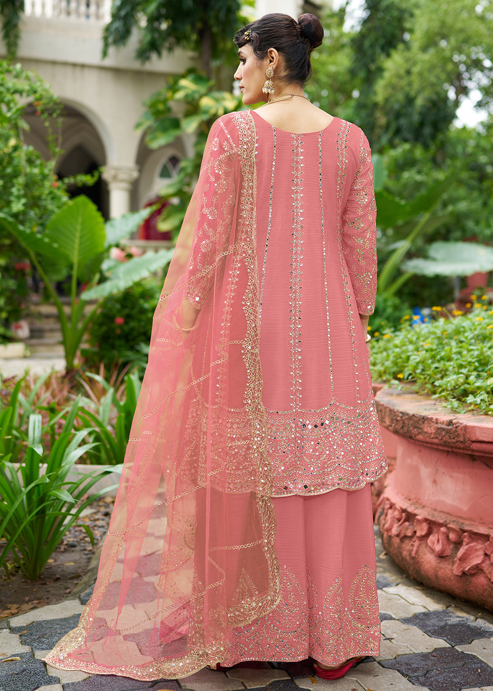 Buy Now Pink Chinnon Mirror Embroidered Palazzo Style Suit Online in New York, Toronto, Newark, Katy, Houston, Fremont, Dubai, Nevada & Worldwide at Empress.