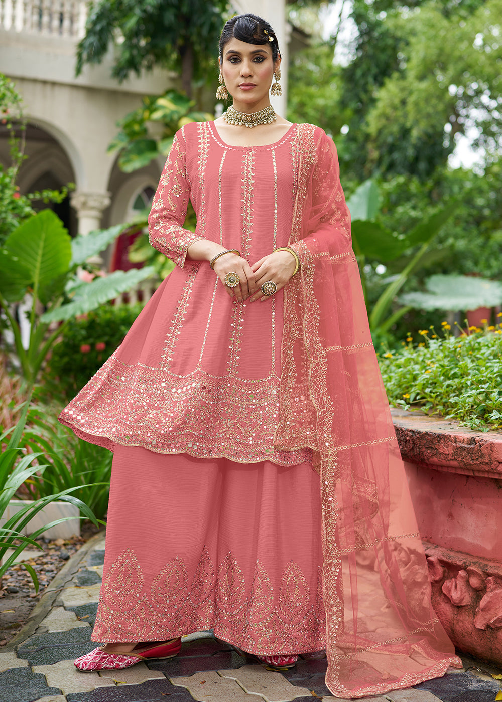 Buy Now Pink Chinnon Mirror Embroidered Palazzo Style Suit Online in New York, Toronto, Newark, Katy, Houston, Fremont, Dubai, Nevada & Worldwide at Empress.