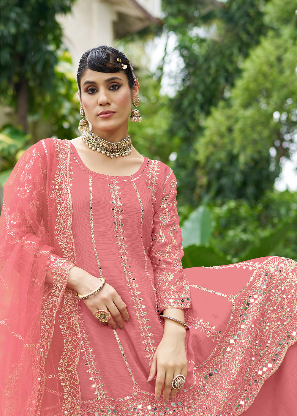 Buy Now Pink Chinnon Mirror Embroidered Palazzo Style Suit Online in New York, Toronto, Newark, Katy, Houston, Fremont, Dubai, Nevada & Worldwide at Empress.