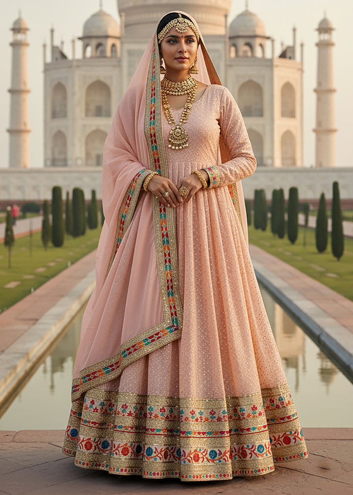 Buy Now Peach All Over Sequins Work Pastel Anarkali Gown Online in US, UK, Canada, France, Italy, Sweden, Ireland, Denmark, Greece, UAE & Worldwide at Empress.