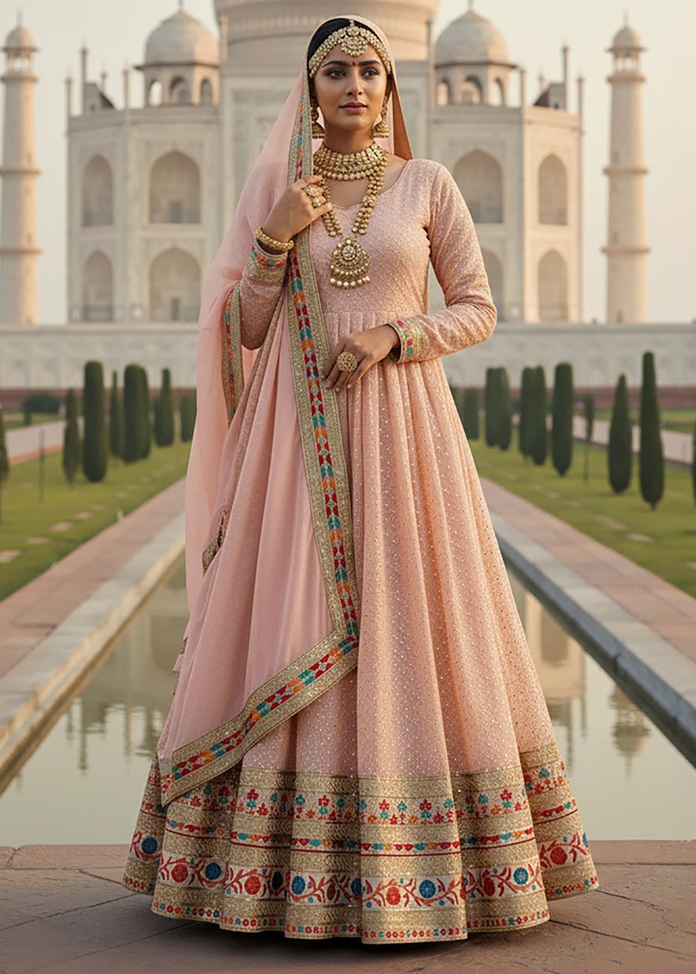 Buy Now Peach All Over Sequins Work Pastel Anarkali Gown Online in US, UK, Canada, France, Italy, Sweden, Ireland, Denmark, Greece, UAE & Worldwide at Empress.