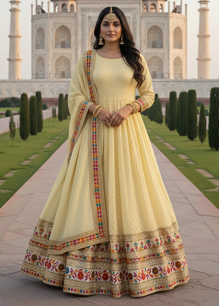 Buy Now Yellow All Over Sequins Work Pastel Anarkali Gown Online in US, UK, Canada, France, Italy, Sweden, Ireland, Denmark, Greece, UAE & Worldwide at Empress.