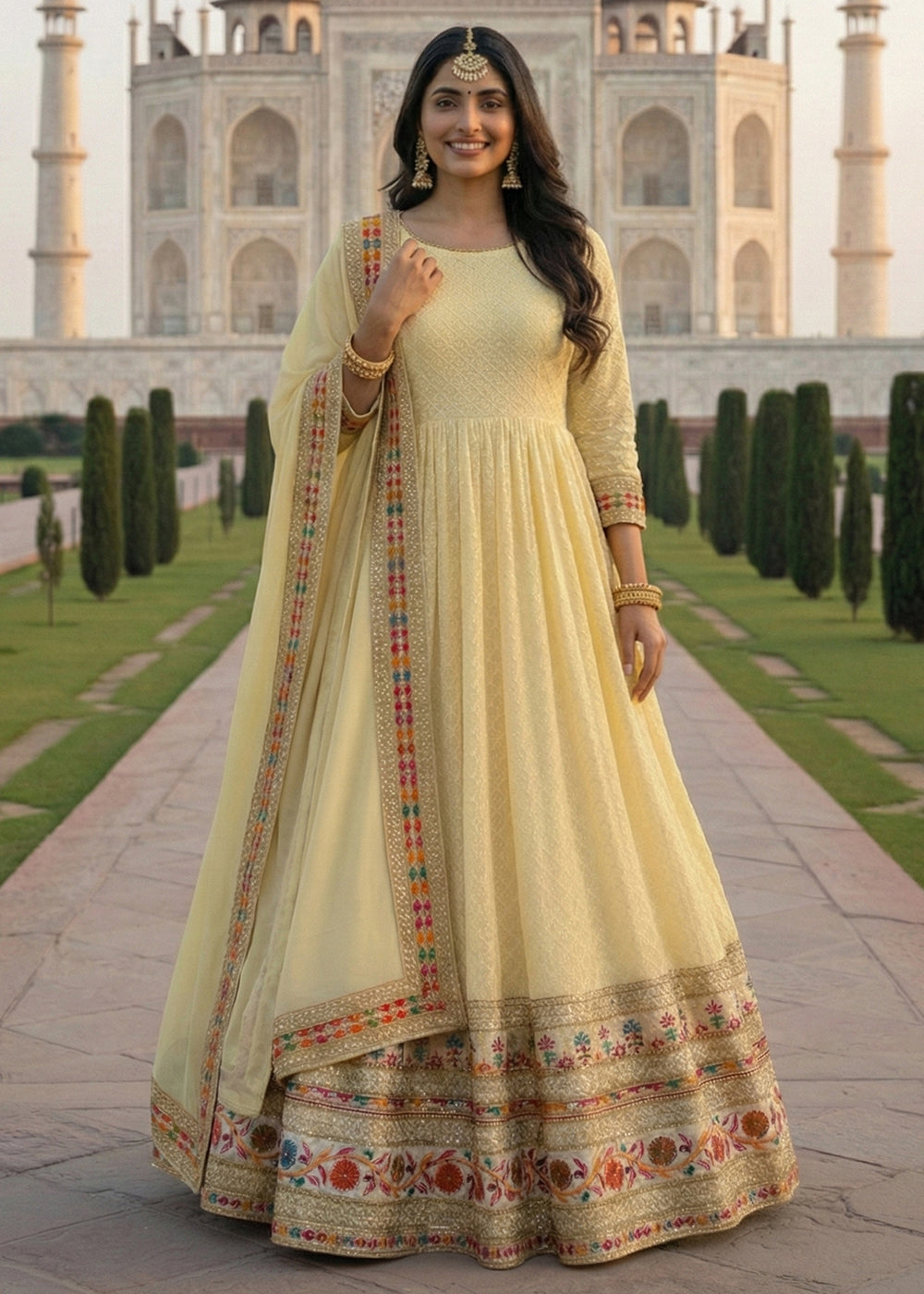 Buy Now Yellow All Over Sequins Work Pastel Anarkali Gown Online in US, UK, Canada, France, Italy, Sweden, Ireland, Denmark, Greece, UAE & Worldwide at Empress.