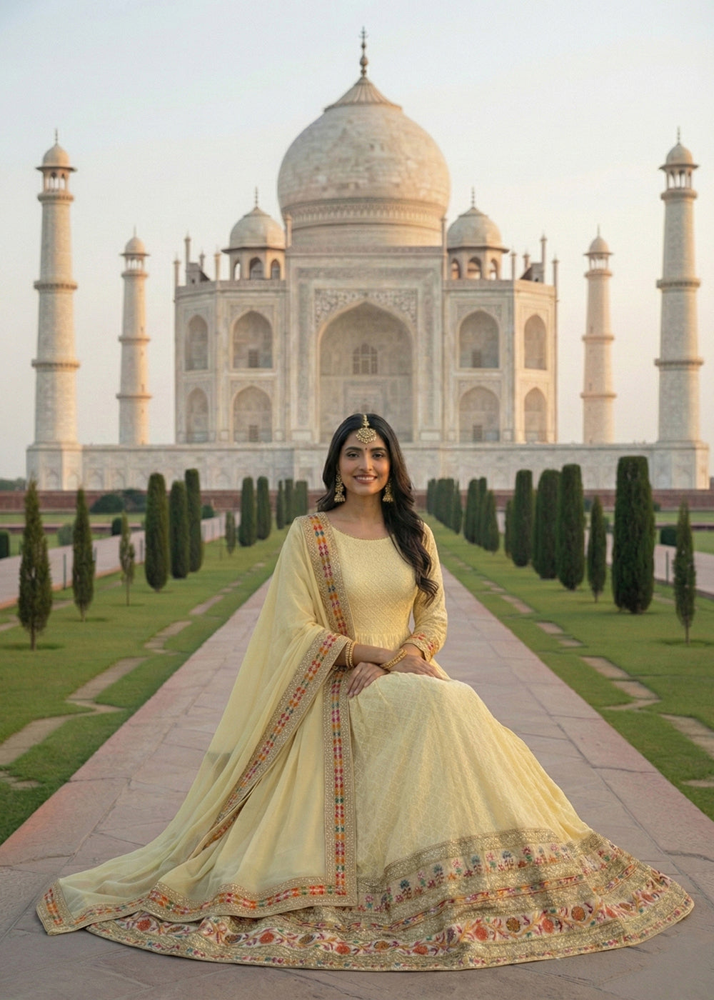 Buy Now Yellow All Over Sequins Work Pastel Anarkali Gown Online in US, UK, Canada, France, Italy, Sweden, Ireland, Denmark, Greece, UAE & Worldwide at Empress.