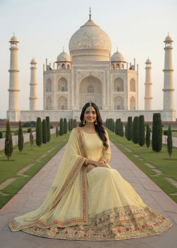Buy Now Yellow All Over Sequins Work Pastel Anarkali Gown Online in US, UK, Canada, France, Italy, Sweden, Ireland, Denmark, Greece, UAE & Worldwide at Empress.