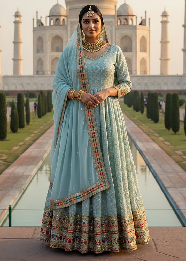 Buy Now Blue All Over Sequins Work Pastel Anarkali Gown Online in US, UK, Canada, France, Italy, Sweden, Ireland, Denmark, Greece, UAE & Worldwide at Empress.