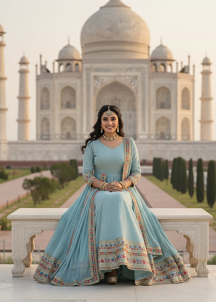 Buy Now Blue All Over Sequins Work Pastel Anarkali Gown Online in US, UK, Canada, France, Italy, Sweden, Ireland, Denmark, Greece, UAE & Worldwide at Empress.