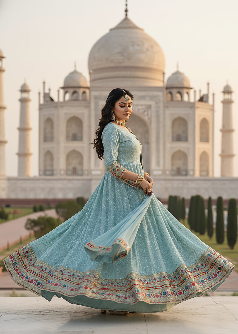 Buy Now Blue All Over Sequins Work Pastel Anarkali Gown Online in US, UK, Canada, France, Italy, Sweden, Ireland, Denmark, Greece, UAE & Worldwide at Empress.