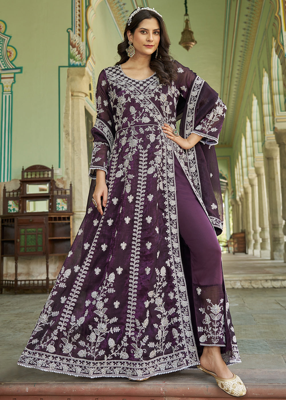 Buy Now Burgundy Purple Slit Style Pant Style Anarkali Suit Online in US, UK, Germany, France, Italy, Canada, Australia, UAE, Maldives & Worldwide at Empress.