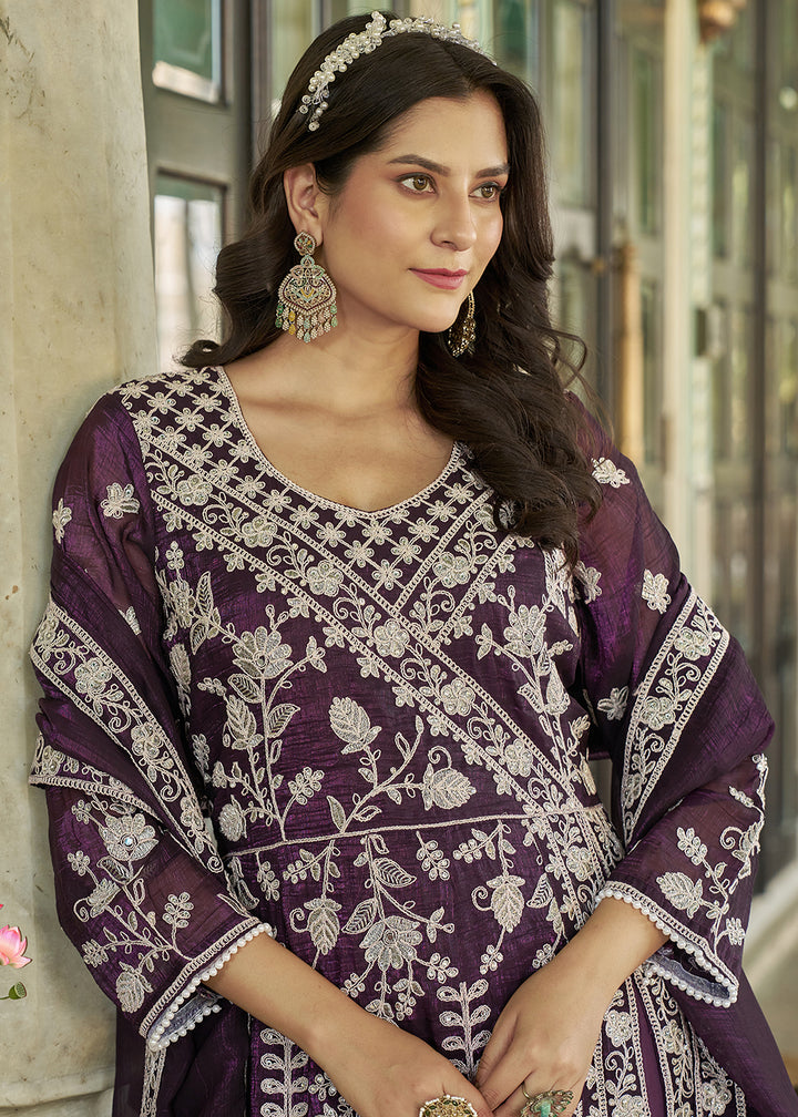 Buy Now Burgundy Purple Slit Style Pant Style Anarkali Suit Online in US, UK, Germany, France, Italy, Canada, Australia, UAE, Maldives & Worldwide at Empress.