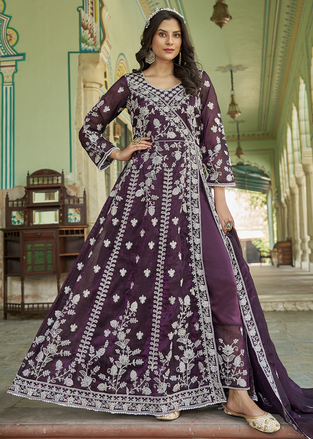 Buy Now Burgundy Purple Slit Style Pant Style Anarkali Suit Online in US, UK, Germany, France, Italy, Canada, Australia, UAE, Maldives & Worldwide at Empress.