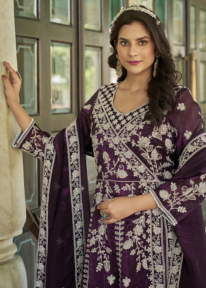 Buy Now Burgundy Purple Slit Style Pant Style Anarkali Suit Online in US, UK, Germany, France, Italy, Canada, Australia, UAE, Maldives & Worldwide at Empress.