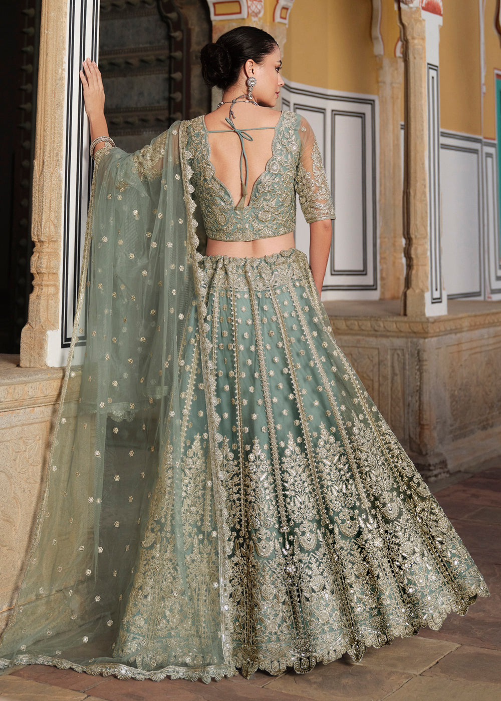 Buy Now Designer Green Net Embroidered Wedding Lehenga Choli Online in USA, UK, Canada, France & Worldwide at Empress Clothing.