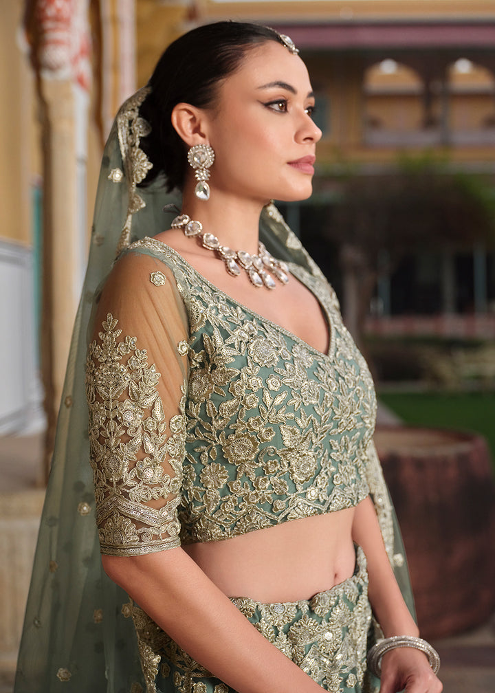 Buy Now Designer Green Net Embroidered Wedding Lehenga Choli Online in USA, UK, Canada, France & Worldwide at Empress Clothing.