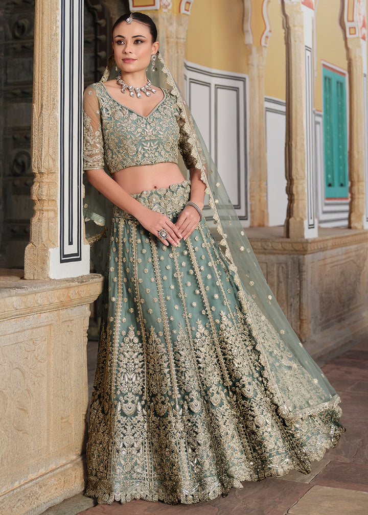 Buy Now Designer Green Net Embroidered Wedding Lehenga Choli Online in USA, UK, Canada, France & Worldwide at Empress Clothing.