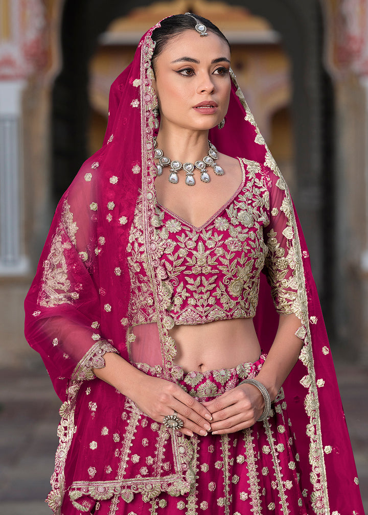 Buy Now Designer Pink Net Embroidered Wedding Lehenga Choli Online in USA, UK, Canada, France & Worldwide at Empress Clothing.