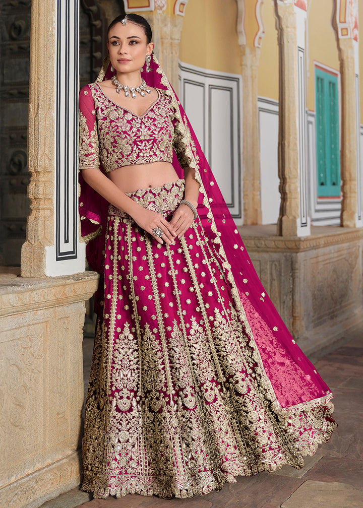 Buy Now Designer Pink Net Embroidered Wedding Lehenga Choli Online in USA, UK, Canada, France & Worldwide at Empress Clothing.