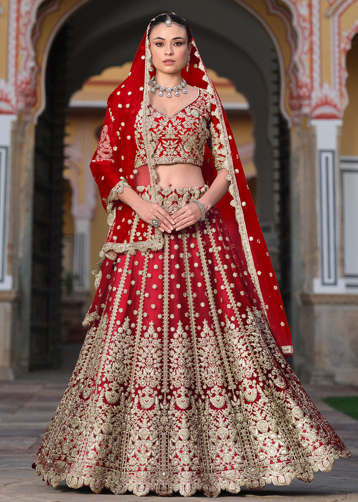 Buy Now Designer Red Net Embroidered Wedding Lehenga Choli Online in USA, UK, Canada, France & Worldwide at Empress Clothing. 