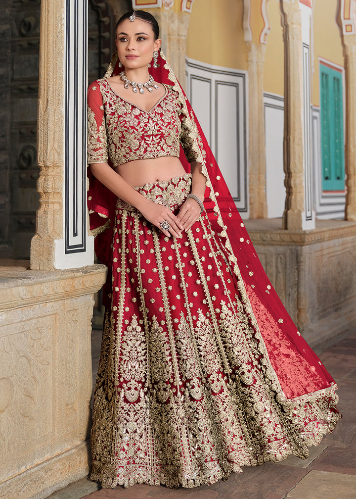 Buy Now Designer Red Net Embroidered Wedding Lehenga Choli Online in USA, UK, Canada, France & Worldwide at Empress Clothing. 