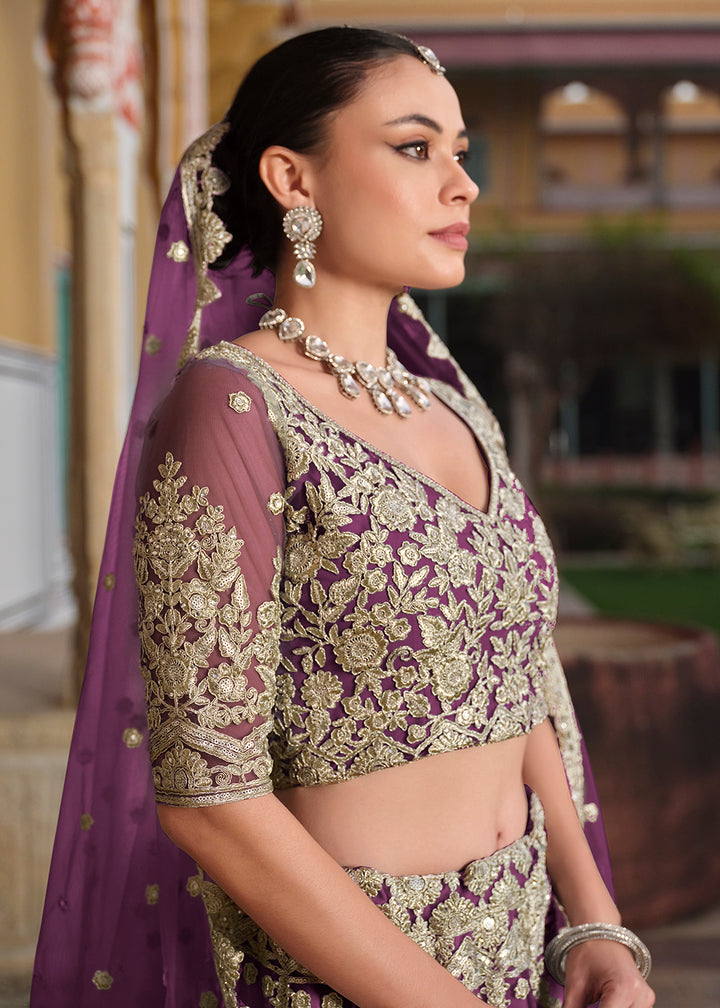 Buy Now Designer Purple Net Embroidered Wedding Lehenga Choli Online in USA, UK, Canada, France & Worldwide at Empress Clothing.