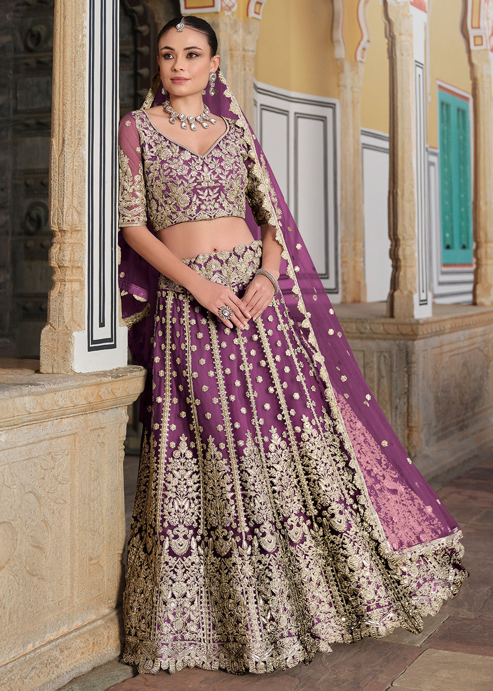 Buy Now Designer Purple Net Embroidered Wedding Lehenga Choli Online in USA, UK, Canada, France & Worldwide at Empress Clothing.