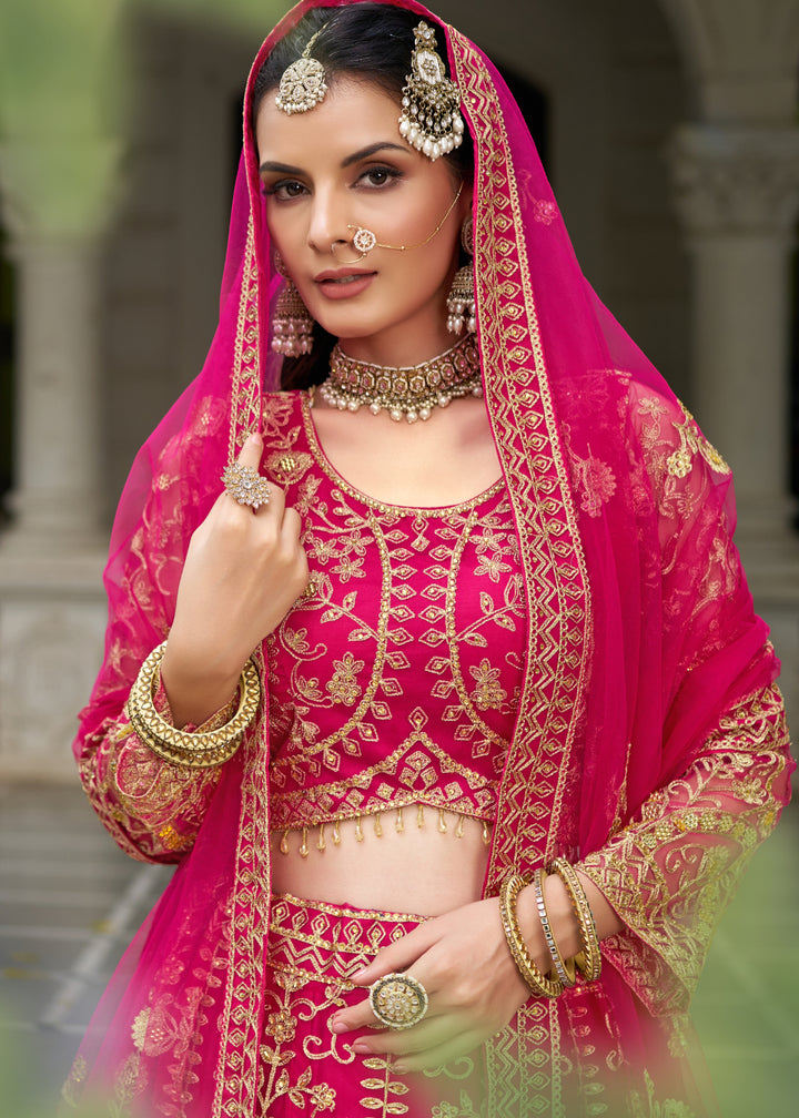 Buy Now Wedding Wear Net Pink Embroidered Lehenga Choli Online in US, UK, Canada, France, Germany, Sweden, Denmark, Greece, Ireland, UAE & Worldwide at Empress.