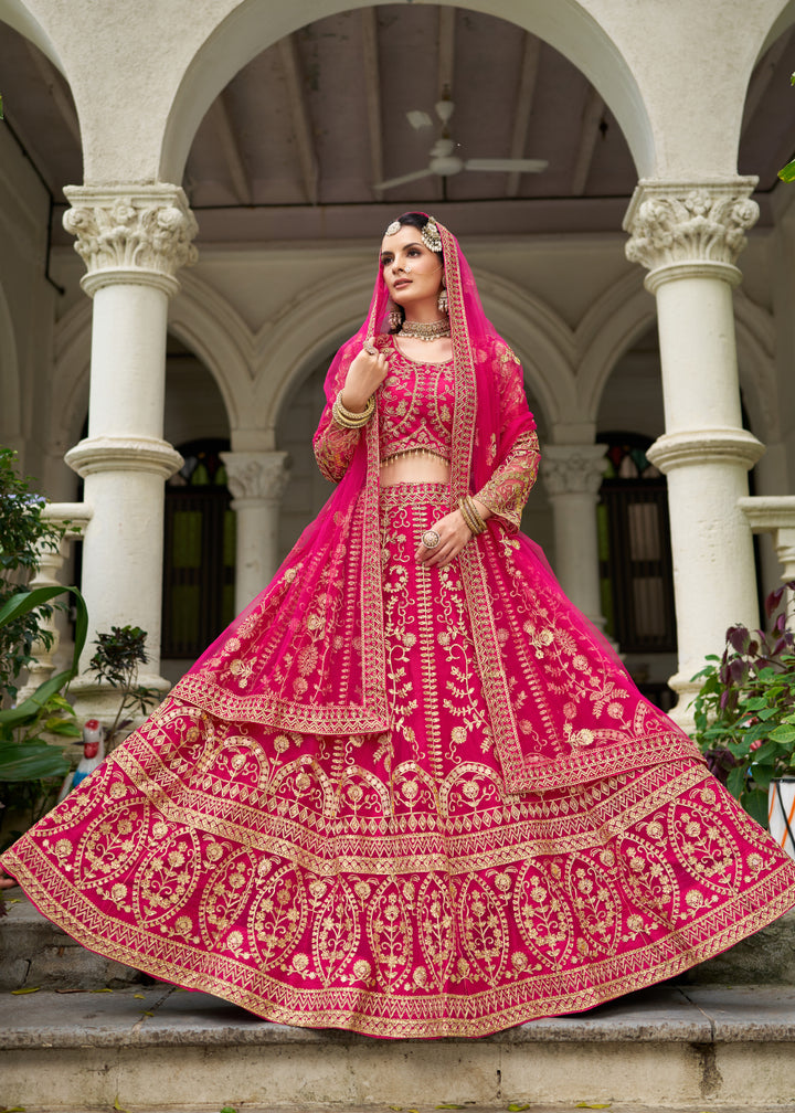 Buy Now Wedding Wear Net Pink Embroidered Lehenga Choli Online in US, UK, Canada, France, Germany, Sweden, Denmark, Greece, Ireland, UAE & Worldwide at Empress.