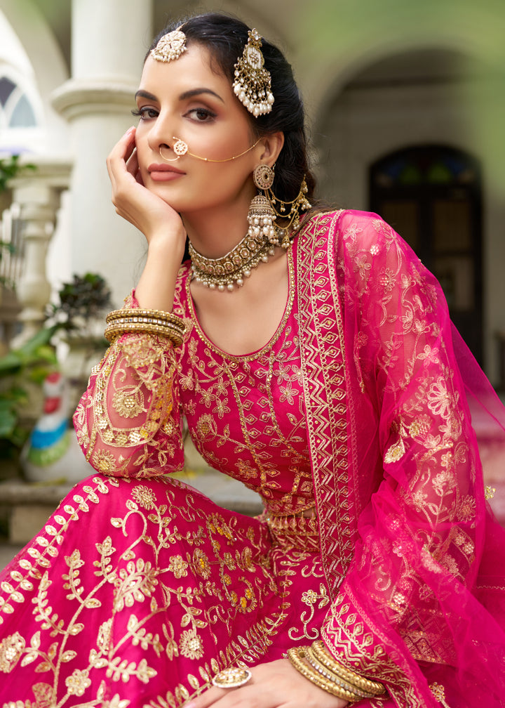 Buy Now Wedding Wear Net Pink Embroidered Lehenga Choli Online in US, UK, Canada, France, Germany, Sweden, Denmark, Greece, Ireland, UAE & Worldwide at Empress.