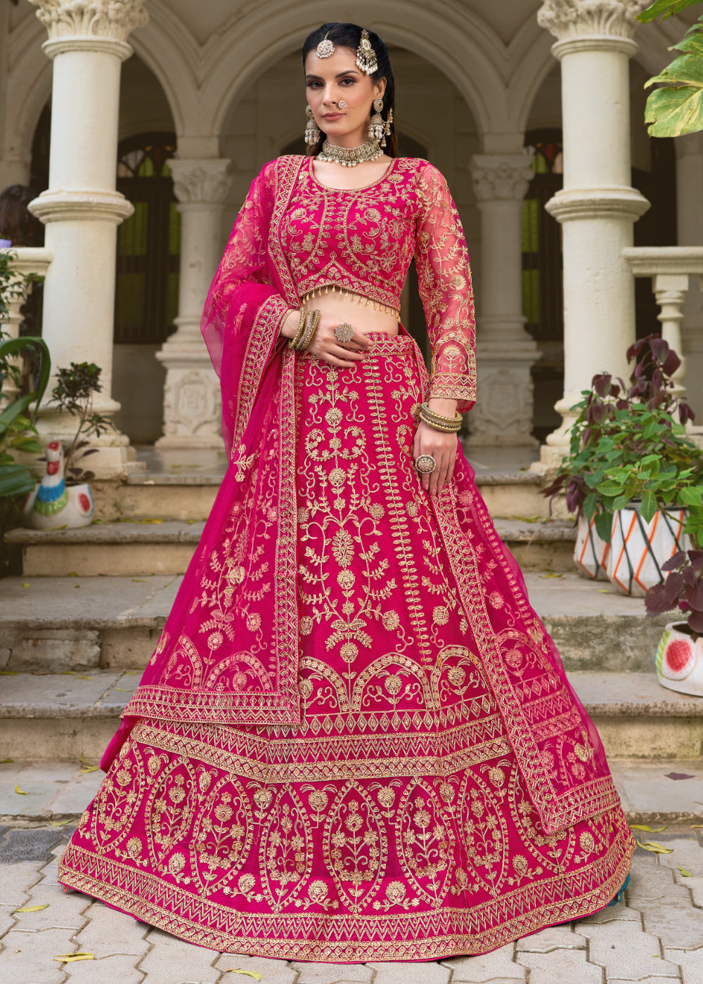 Buy Now Wedding Wear Net Pink Embroidered Lehenga Choli Online in US, UK, Canada, France, Germany, Sweden, Denmark, Greece, Ireland, UAE & Worldwide at Empress.
