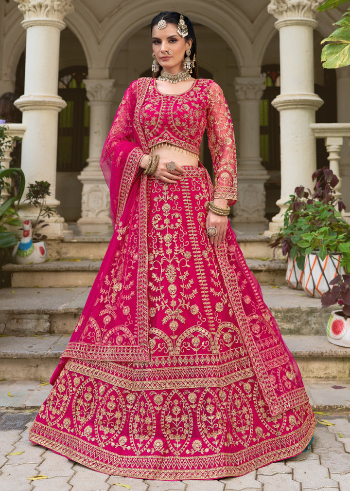 Buy Now Wedding Wear Net Pink Embroidered Lehenga Choli Online in US, UK, Canada, France, Germany, Sweden, Denmark, Greece, Ireland, UAE & Worldwide at Empress.