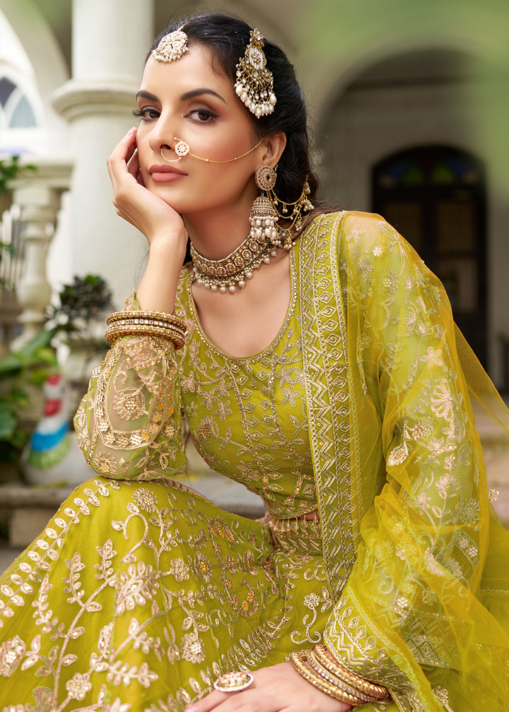 Buy Now Wedding Wear Net Green Embroidered Lehenga Choli Online in US, UK, Canada, France, Germany, Sweden, Denmark, Greece, Ireland, UAE & Worldwide at Empress.
