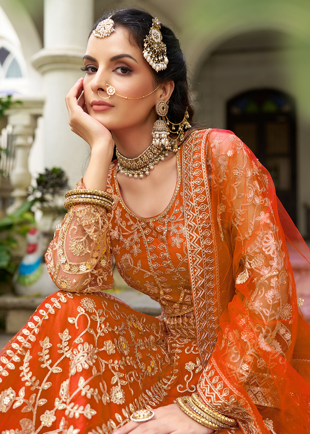 Buy Now Wedding Wear Net Orange Embroidered Lehenga Choli Online in US, UK, Canada, France, Germany, Sweden, Denmark, Greece, Ireland & Worldwide at Empress.