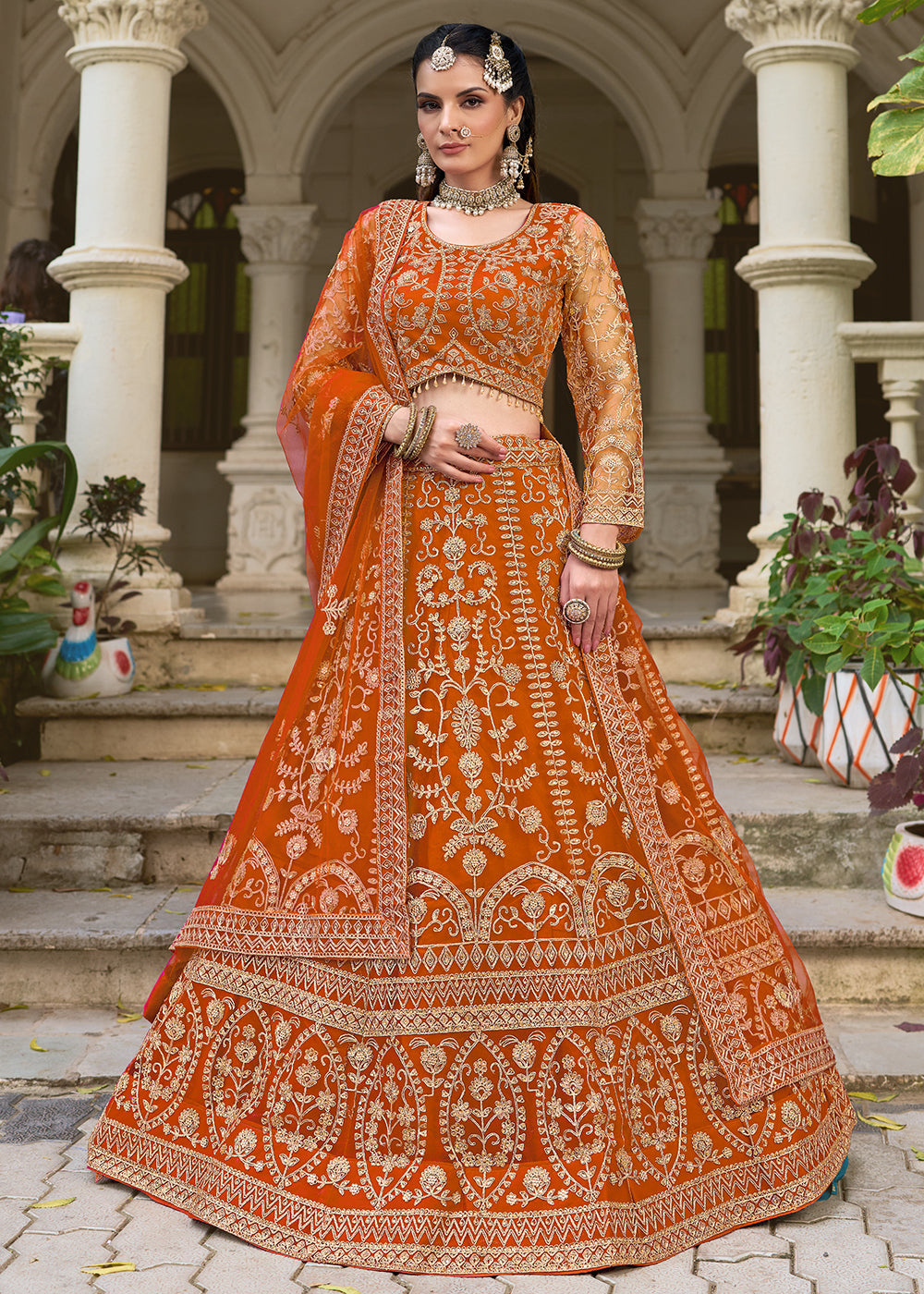 Buy Now Wedding Wear Net Orange Embroidered Lehenga Choli Online in US, UK, Canada, France, Germany, Sweden, Denmark, Greece, Ireland & Worldwide at Empress.