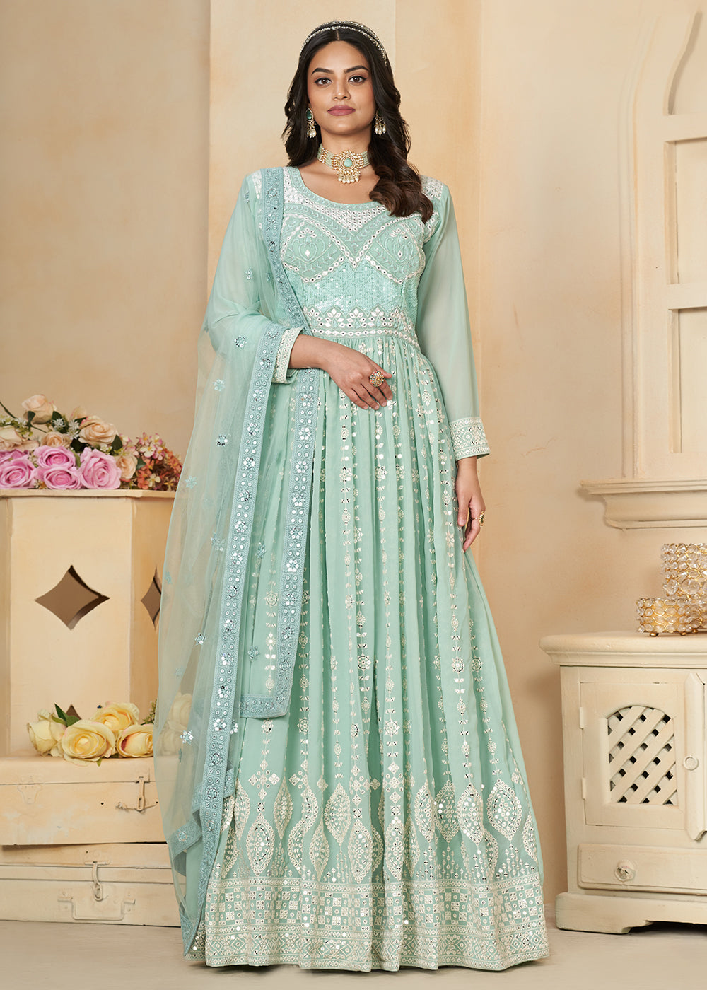 Buy Now Aqua Blue Georgette Embroidered Wedding Anarkali Suit Online in USA, UK, Australia, New Zealand, Canada & Worldwide at Empress Clothing. 
