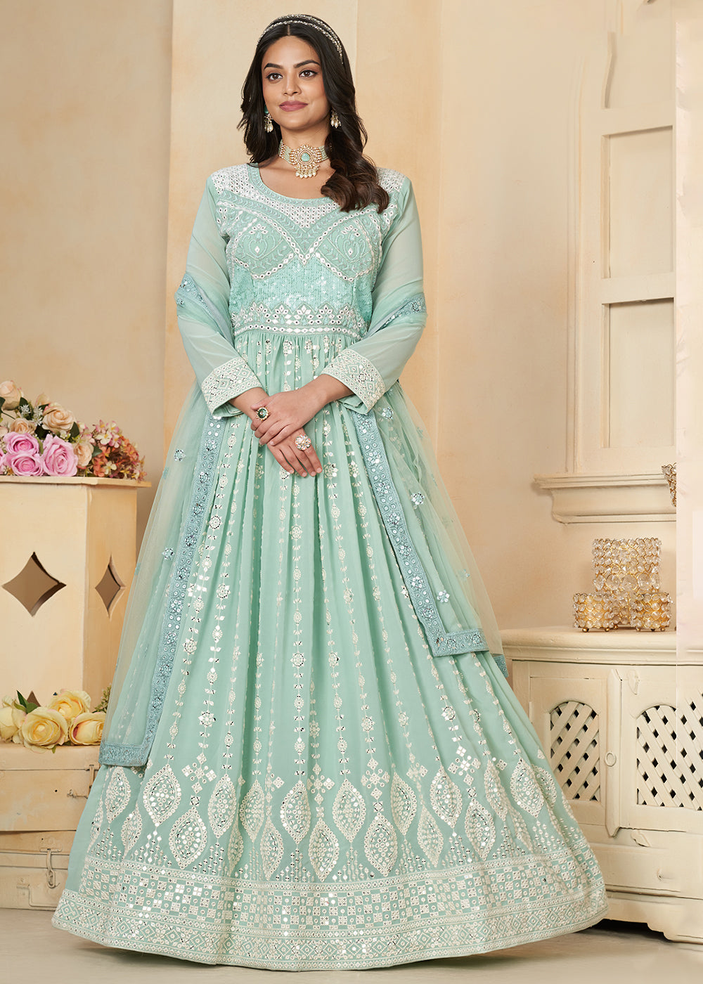 Buy Now Aqua Blue Georgette Embroidered Wedding Anarkali Suit Online in USA, UK, Australia, New Zealand, Canada & Worldwide at Empress Clothing. 