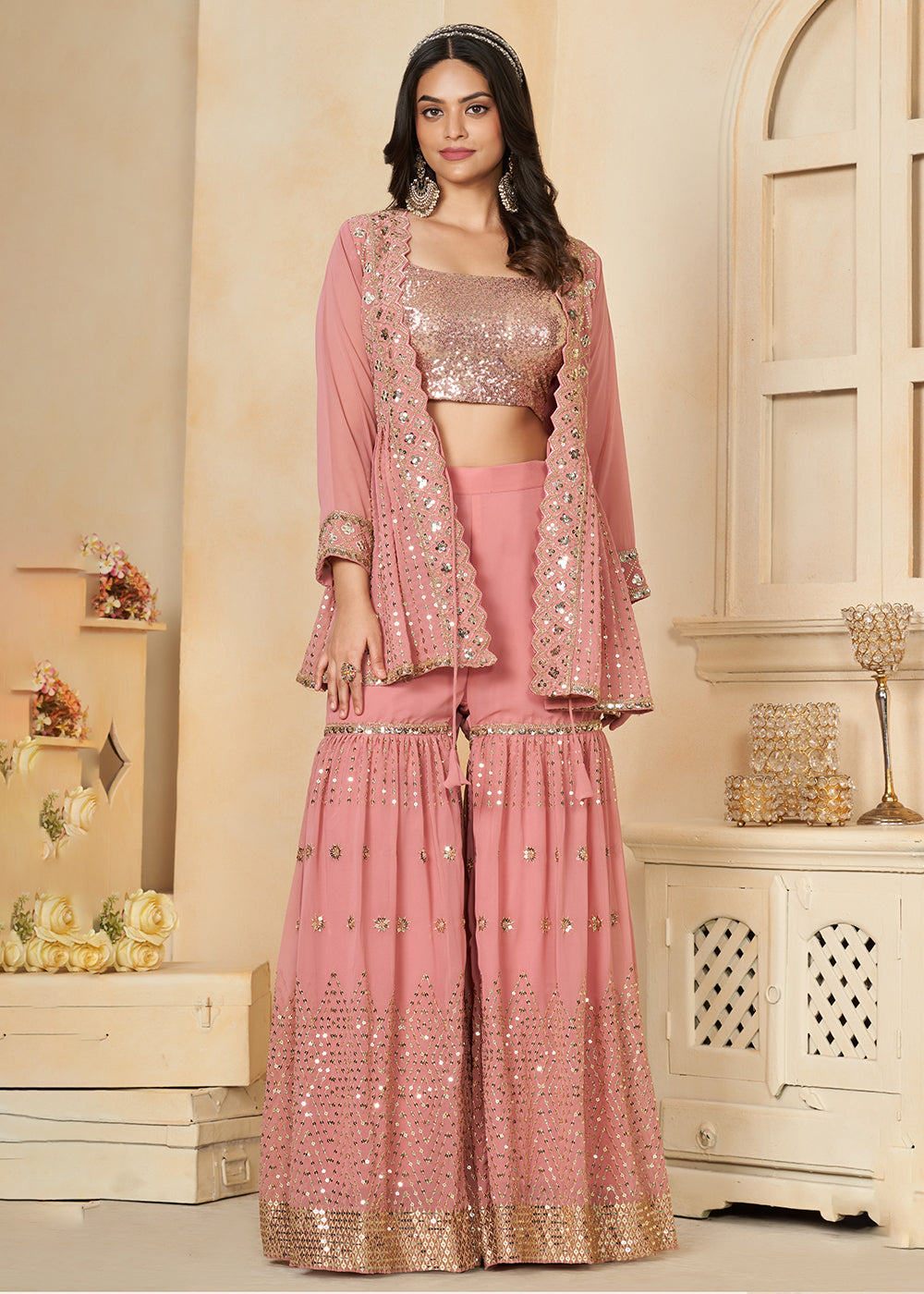 Shop Now Coral Pink Faux Georgette Indo Western Gharara Style Suit Online at Empress Clothing in USA, UK, Canada, Italy & Worldwide. 
