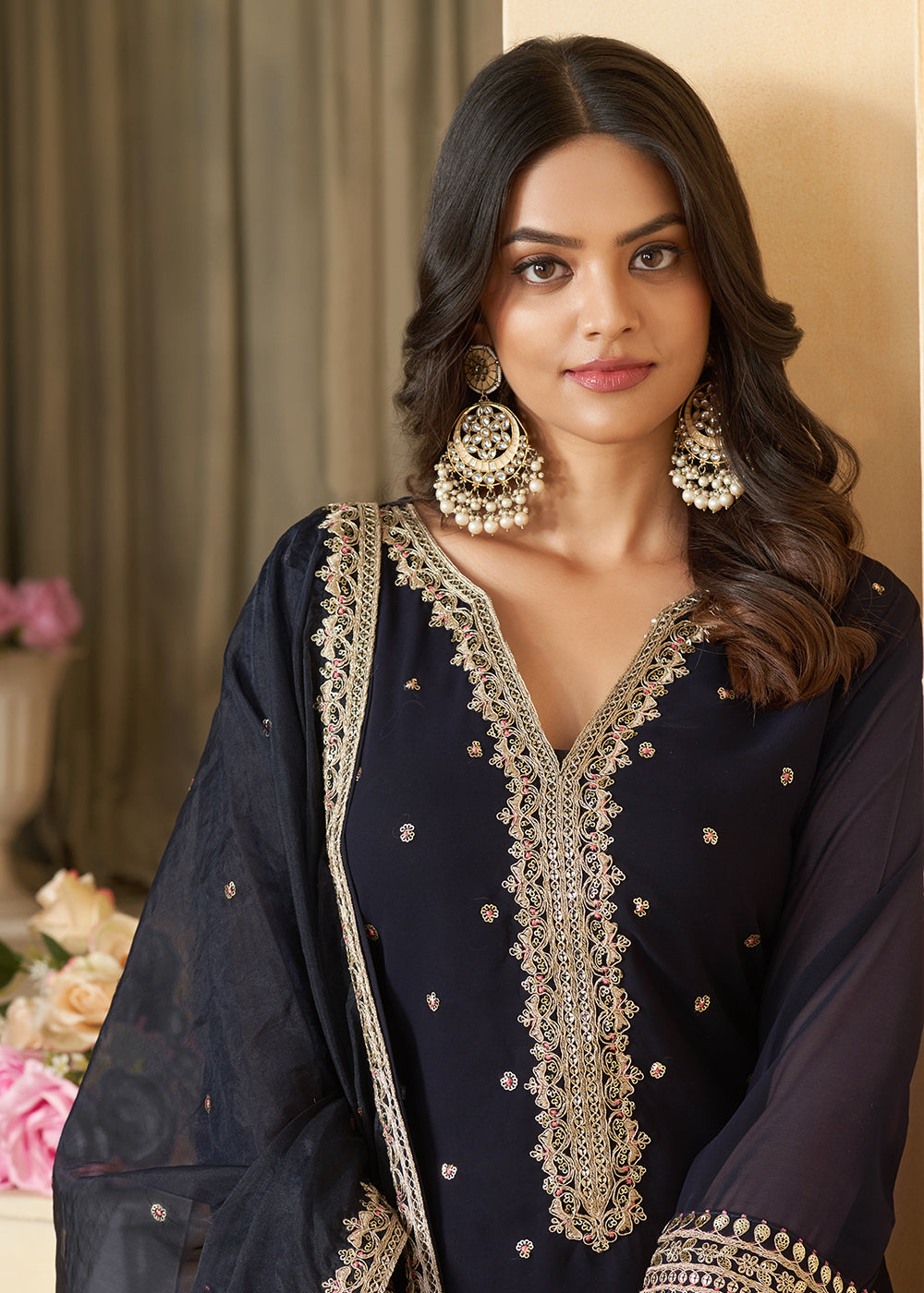 Shop Now Navy Blue Faux Georgette Embroidered Wedding Sharara Suit Online at Empress Clothing in USA, UK, Canada, Italy & Worldwide. 